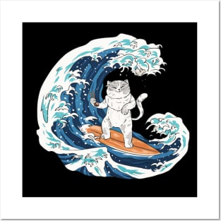 cat surfing, cat surfing, surfs up cat, cat on surfboard, cat riding waves, Posters and Art